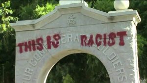 A statue memorializing Confederate soldiers from Denton County, TX was defaced early Monday morning (Photo Courtesy: CW33.com).