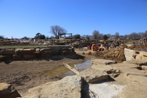 Recent dry days allowed final base-piers to be finished for construction on bridges and The Chapel island, to the left, with the waterfall behind. (Photo by Foust Photography)