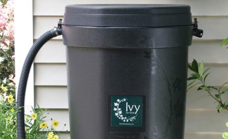 KFMB holding rain barrel, compost bin sale