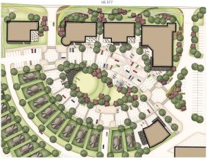 Waterbrook Retail Center and Village Green concept plan with amphitheater in the middle.