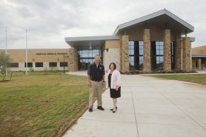 Argyle Middle School principal Scott Gibson and AISD Superintendent Telena Wright are ready to welcome students to the district’s new middle school. (Photo by Helen’s Photography)