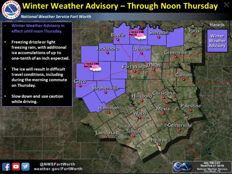 Winter weather advisory for Denton County through noon Thursday