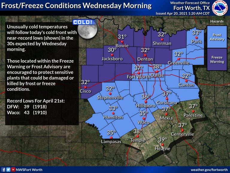 Freeze warning issued for Denton County early Wednesday morning