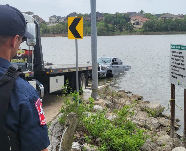 Truck, trailer take dunk in Lake Lewisville